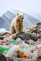 generatief ai illustratie van eenzaam wit beer Aan ijsberg, omringd door vuilnis en plastic flessen drijvend Aan water foto