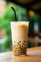 generatief ai illustratie van Taiwan boba melk thee met bubbel Aan hout tafel foto