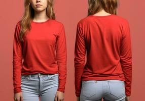 vrouw vervelend een rood t-shirt met lang mouwen. voorkant en terug visie. ai gegenereerd foto