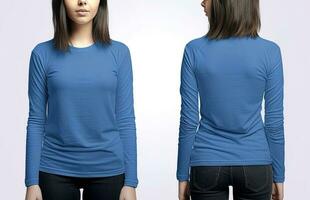 vrouw vervelend een blauw t-shirt met lang mouwen. voorkant en terug visie. ai gegenereerd foto