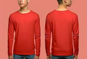Mens vervelend een rood t-shirt met lang mouwen. voorkant en terug visie. ai gegenereerd foto