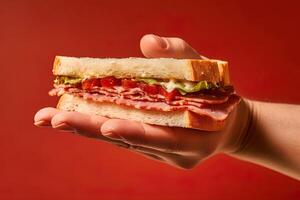 hand- Holding smakelijk belegd broodje Aan een rood achtergrond. ai gegenereerd foto