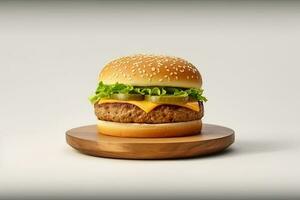 vers smakelijk cheeseburger Aan houten bord. ai gegenereerd foto