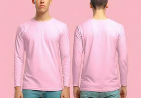 Mens vervelend een roze t-shirt met lang mouwen. voorkant en terug visie. ai gegenereerd foto