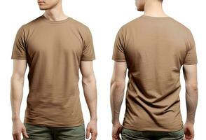 foto realistisch mannetje beige t-shirts met kopiëren ruimte, voorkant, en terug visie. ai gegenereerd