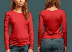 vrouw vervelend een rood t-shirt met lang mouwen. voorkant en terug visie. ai gegenereerd foto