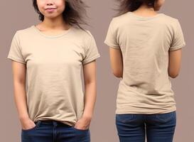 foto realistisch vrouw beige t-shirts met kopiëren ruimte, voorkant, en terug visie. ai gegenereerd