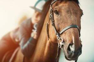 paard rijder knuffelen haar paard na opleiding. ruiter thema. foto