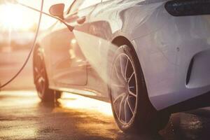 het wassen velgen Bij een handleiding auto wassen gedurende zonsondergang. foto