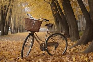 een fiets is onder de bomen gedurende herfst seizoen, mooi landschap beeld met fiets onder de boom foto