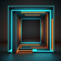 abstract neon achtergrond met meetkundig vorm geven aan, plein kader en buitenaards landschap onder de nacht lucht en rotsen. futuristische minimalistische behang. gemaakt met generatief ai. foto