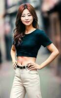 gelukkig mooi Aziatisch vrouw Bij de straat, generatief ai foto