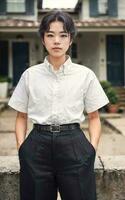 Thais mensen in Thailand technisch college uniform wit overhemd en hijgen, generatief ai foto