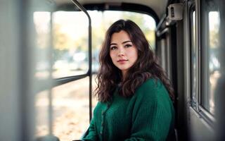 mooi vrouw staand binnen openbaar bus vervoer, generatief ai foto