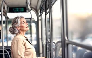 mooi vrouw staand binnen openbaar bus vervoer, generatief ai foto