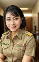 foto van midden- oud Aziatisch vrouw in Thais leraar uniform, generatief ai