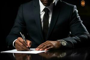 Afrikaanse Amerikaans zakenman ondertekening contract foto