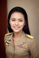 foto van midden- oud Aziatisch vrouw in Thais leraar uniform, generatief ai