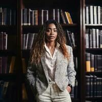 mooi Afrikaanse Amerikaans zwart vrouw met bibliotheek in achtergrond, generatief ai foto