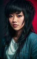 portret foto van mooi tiener- Aziatisch vrouw met trending kapsel in donker kamer met licht in achtergrond, generatief ai