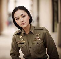 foto van Aziatisch vrouw in Thais Politie officier uniform, generatief ai