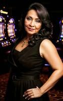 midden- oud Indisch vrouw Bij luxe casino, generatief ai foto