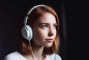 ai generatief. een jong Kaukasisch meisje luistert naar muziek- in koptelefoon. foto