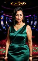midden- oud Indisch vrouw Bij luxe casino, generatief ai foto