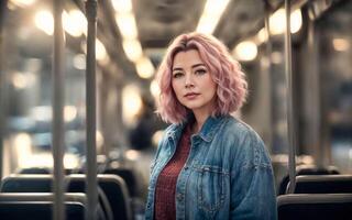 mooi vrouw staand binnen openbaar bus vervoer, generatief ai foto