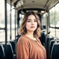 mooi vrouw staand binnen openbaar bus vervoer, generatief ai foto