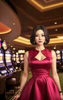 mooi vrouw Bij luxe casino gokken, generatief ai foto