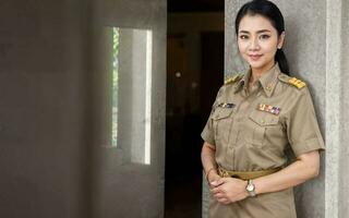 foto van midden- oud Aziatisch vrouw in Thais leraar uniform, generatief ai