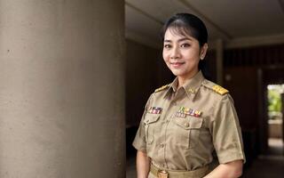 foto van midden- oud Aziatisch vrouw in Thais leraar uniform, generatief ai