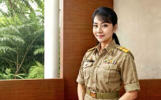 foto van midden- oud Aziatisch vrouw in Thais leraar uniform, generatief ai