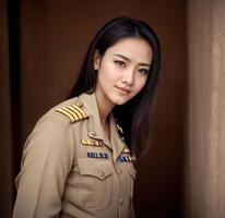 foto van midden- oud Aziatisch vrouw in Thais leraar uniform, generatief ai