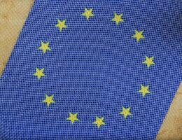Europese vlag onder metalen netto. achtergrond foto