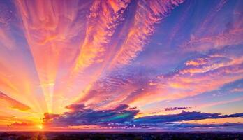 vastleggen de volledig spectaculair zonsondergang met kleurrijk wolken en een episch helder lucht ai gegenereerd foto