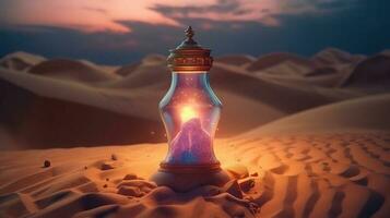 lamp van wensen Aan zand in woestijn geest komt eraan uit van de fles, helder kleur. generatief ai foto