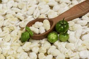 eigengemaakt gnocchi, bereid Aan de tafel met ingrediënten. foto