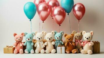 teddy beren, cadeaus en ballonnen, partij uitnodiging banier of poster idee. geslacht onthullen. ai gegenereerd foto