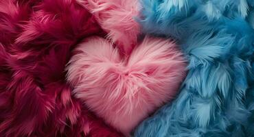 kleurrijk hart gemaakt van blauw en roze veren, banier idee of geslacht onthullen uitnodiging. ai gegenereerd foto