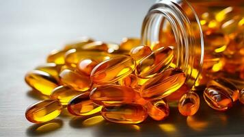 capsule met vitamine d en omega-3 voor brein, hart en gezond voeding een uitkering. ai gegenereerd foto