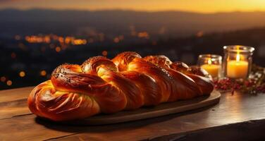 vers gebakken challah, feestelijk brood Aan tafel tegen backdrop van oud stad. detailopname. ai gegenereerd foto