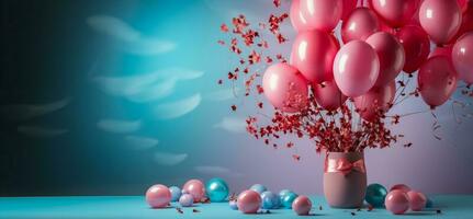 roze ballonnen Aan blauw achtergrond, geslacht onthullen partij banier idee, kopiëren ruimte. ai gegenereerd foto