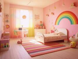 modern roze kleurrijk kleuter slaapkamer met decoratie. generatief ai foto