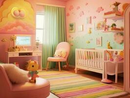 modern roze kleurrijk kleuter slaapkamer met decoratie. generatief ai foto