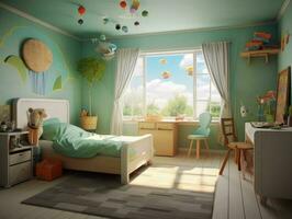 knus blauw kind slaapkamer met speelgoed- en pret decoratie. generatief ai foto