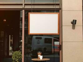 blanco bespotten omhoog teken Bij koffie winkel cafe, reclame bord. generatief ai foto