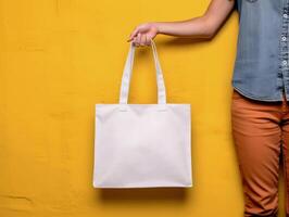 leeg bespotten omhoog kleding tas, hand- Holding kleding tas, geel achtergrond. generatief ai foto