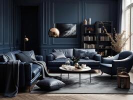 elegant diep blauw leven kamer met luxe decoratie. generatief ai foto